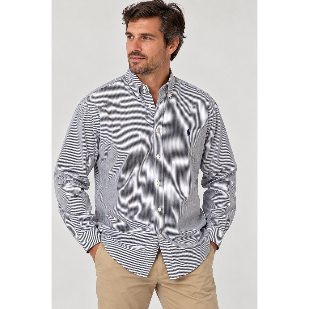 Ralph Lauren Men's Large Preppy Striped Button-Down Shirt Navy White 16.5 34/35